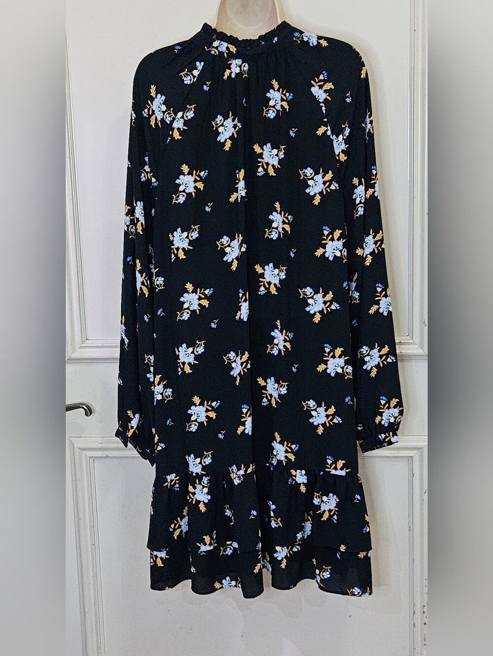 LOFT Navy Blue Multi-Color Floral Long Sleeve Midi Dress, X-Large - Picture 3 of 16